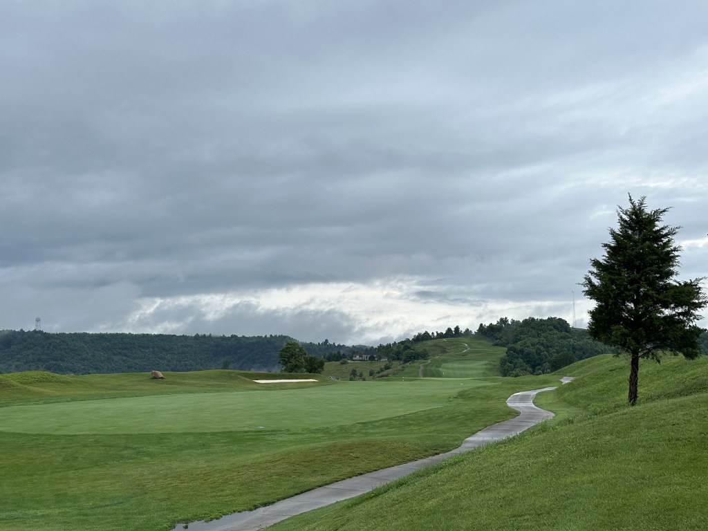 Cart path with tree on golf course fairway 